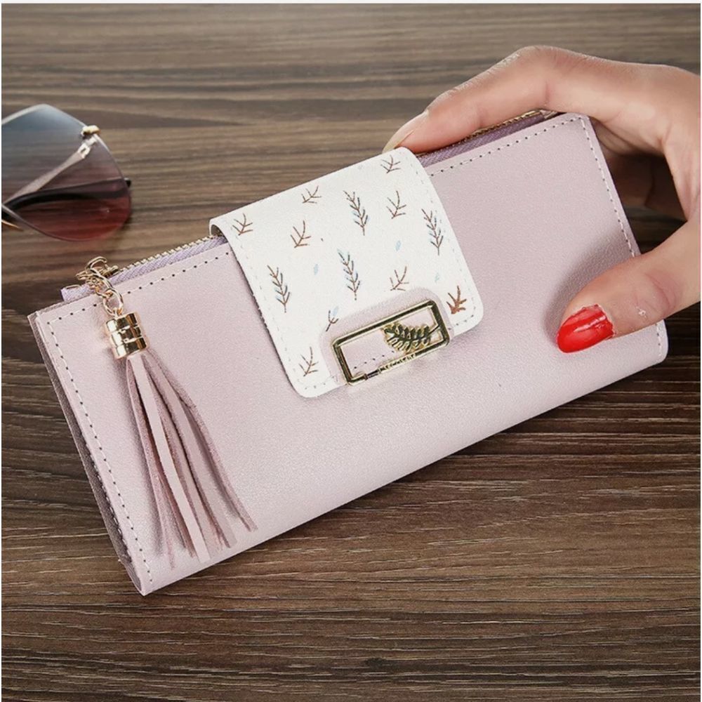 Purple Long PU Leather Wallet For Women Tassel Zipper Card Holder Purse Handbag